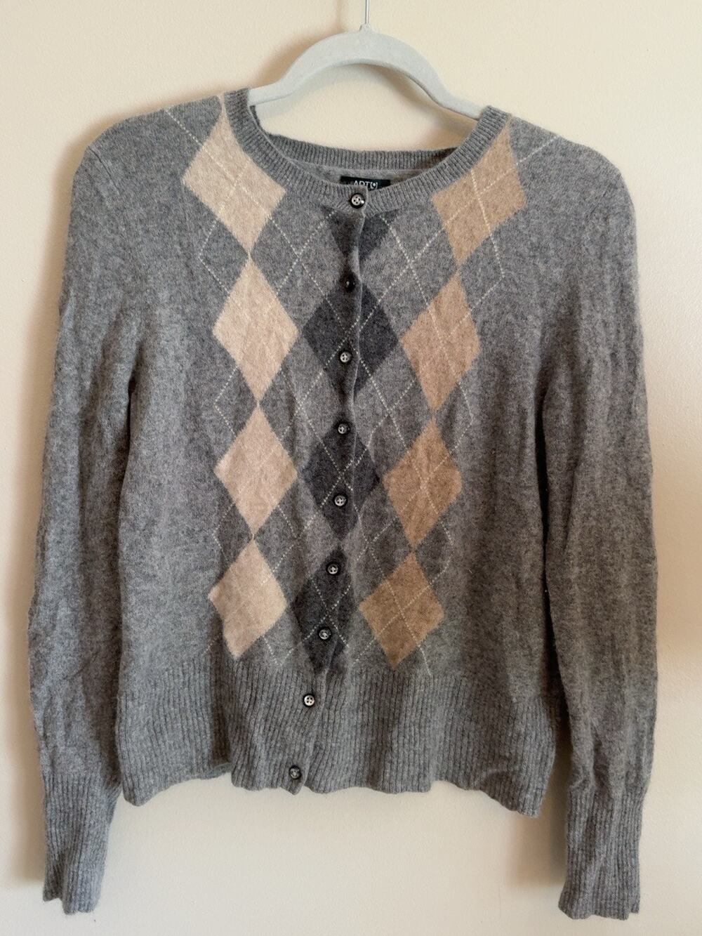 APT.9 100% Cashmere Cardigan Sweater Women L Gray Tan Argyle Button Front